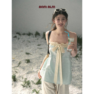 修身 AOMALM少也眼 甜美抹胸T恤女夏季 %假两件法式 上衣 柔蓝语纤白