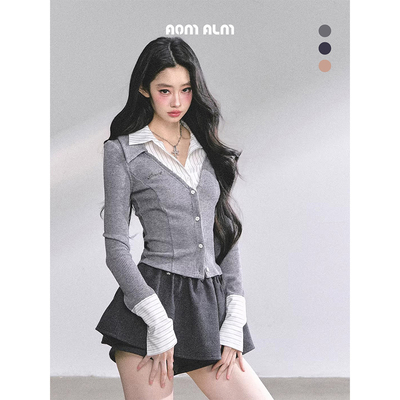 假两件美式条纹针织polo衫上衣