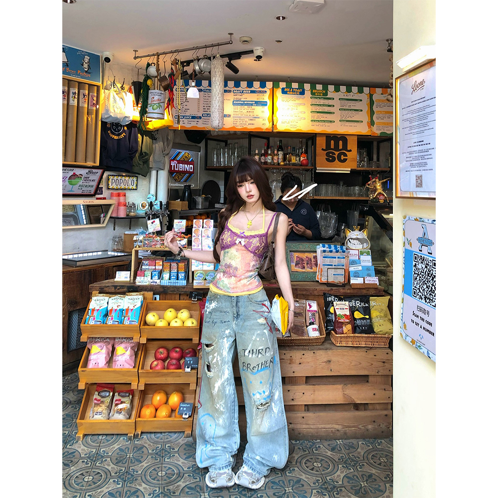 Balla出街#美式破洞牛仔裤女夏季宽松直筒显瘦阔腿裤长裤