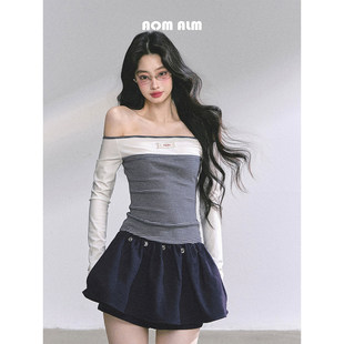 条纹T恤女秋季 AOMALM少也眼 长袖 %一字肩美式 辣妹上衣 Miu系韩妹