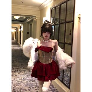 勃艮第小调一字肩法式 年会连衣裙女秋冬收腰性感蓬蓬裙短裙