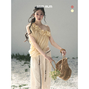 露肩短款 AOMALM少也眼 木耳边斜肩T恤女夏季 %法式 上衣 春深花落处