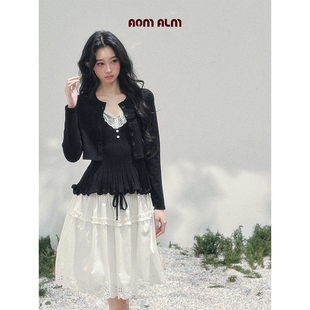 针织T恤女春季 AOMALM少也眼 %法式 留白 V领上衣外套两件套 蕾丝