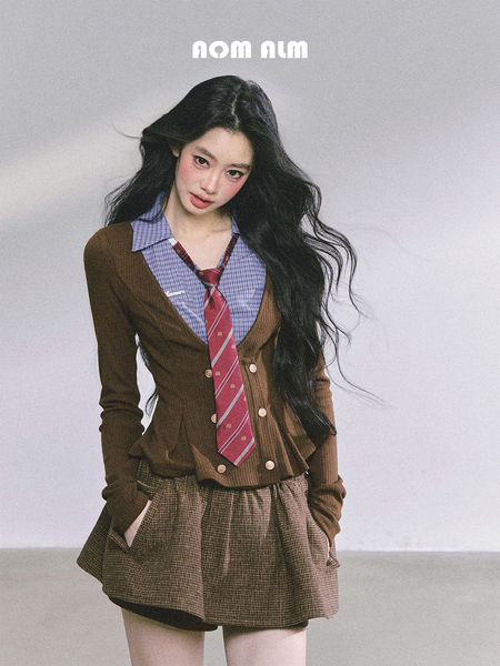 Model wearing a brown preppy cardigan outfit with plaid shirt, tie, and pleated skirt