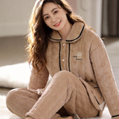 冬女蛋糕绒夹棉睡衣小香风韩版 家居服保暖外穿加大加肥保暖加厚