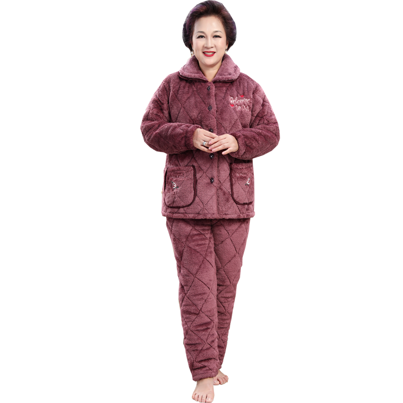 冬牛奶绒女妈妈睡衣套装加厚中老年人男士法兰绒爸爸加绒大家居服