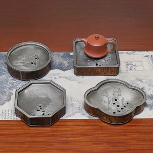 锡茶盘纯锡茶台包湘妃竹手工壶承干泡台茶海茶船潮州工夫茶具托盘