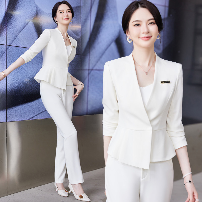 白色西装套装女美容珠宝店金店工作服气质女神范休闲西服外套工装