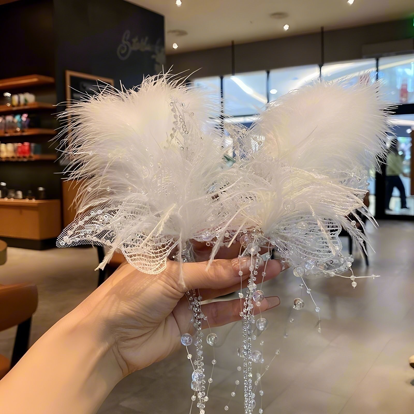 儿童头饰羽毛白色蕾丝超仙公主流苏对夹新娘唯美时尚气质婚纱配饰