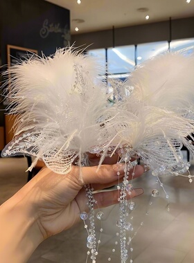 儿童头饰羽毛白色蕾丝超仙公主流苏对夹新娘唯美时尚气质婚纱配饰