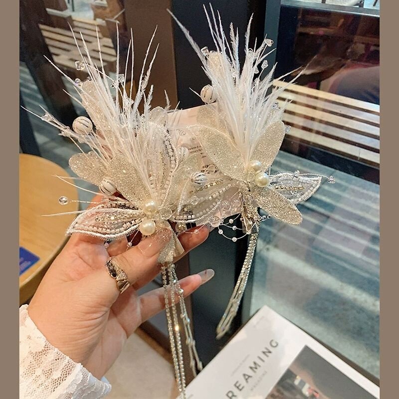 仙美羽毛水钻流苏发夹公主发饰新娘头饰轻奢高级感刘海侧边夹发卡