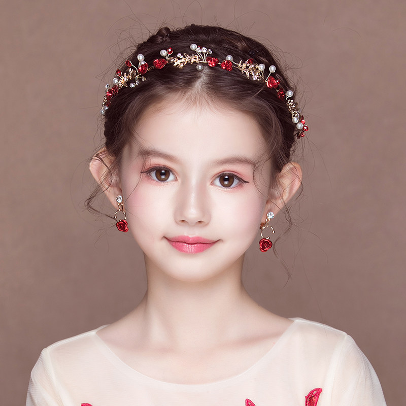 儿童花环头饰公主森系红色超仙生日礼服配饰花童耳环仙美韩版发箍
