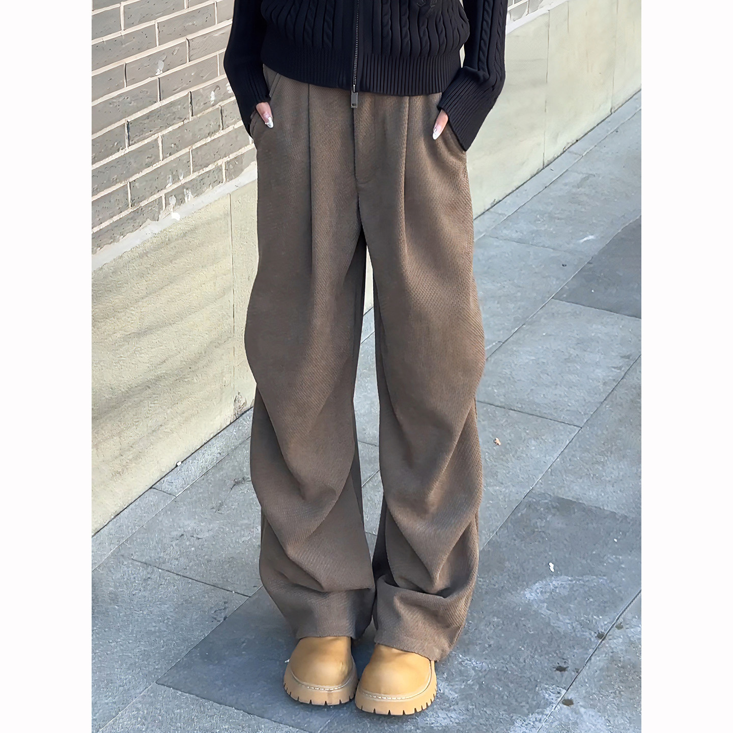 玉米粒棕色裤子男款秋冬美式褶皱伞兵工装卫裤直筒垂感阔腿休闲裤