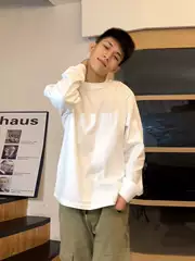 American-Style White Long-Sleeved T-Shirt for Young Men, Spring and Autumn, Pure Cotton, Round Neck Sweatshirt, Oversize Inner Layer Base Shirt