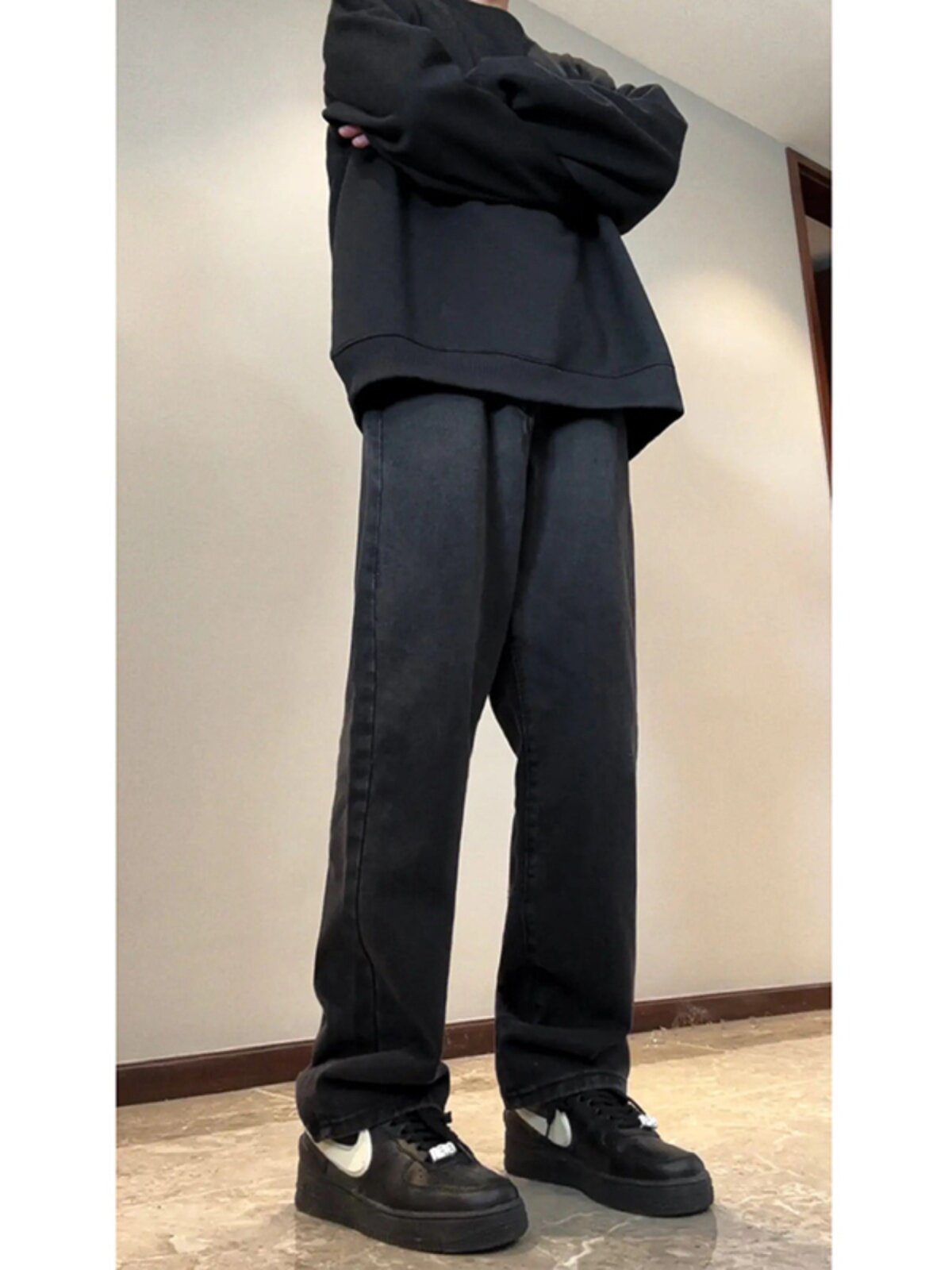 아메리칸 화이트 청바지 남성 가을 겨울 OOTD 착용 클린핏 바지 플러스 벨벳 작업복 와이드 레그 스트레이트 팬츠