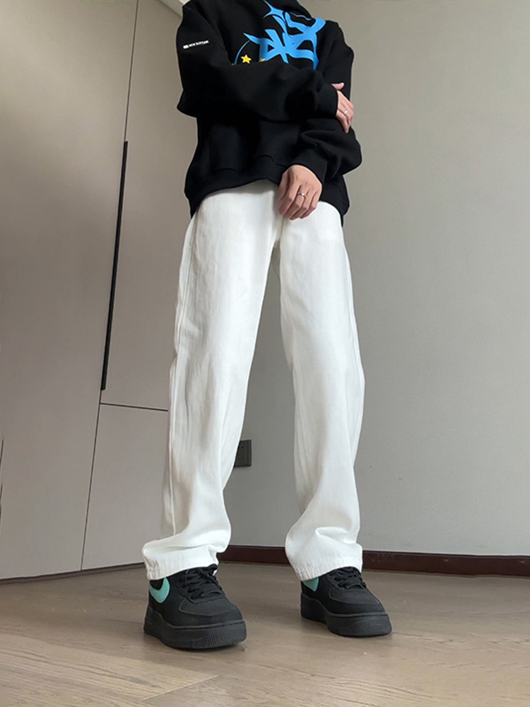 아메리칸 화이트 청바지 남성 가을 겨울 OOTD 착용 클린핏 바지 플러스 벨벳 작업복 와이드 레그 스트레이트 팬츠