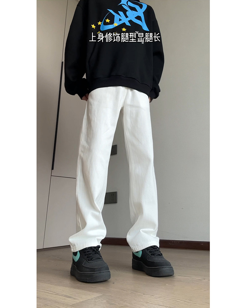 아메리칸 화이트 청바지 남성 가을 겨울 OOTD 착용 클린핏 바지 플러스 벨벳 작업복 와이드 레그 스트레이트 팬츠