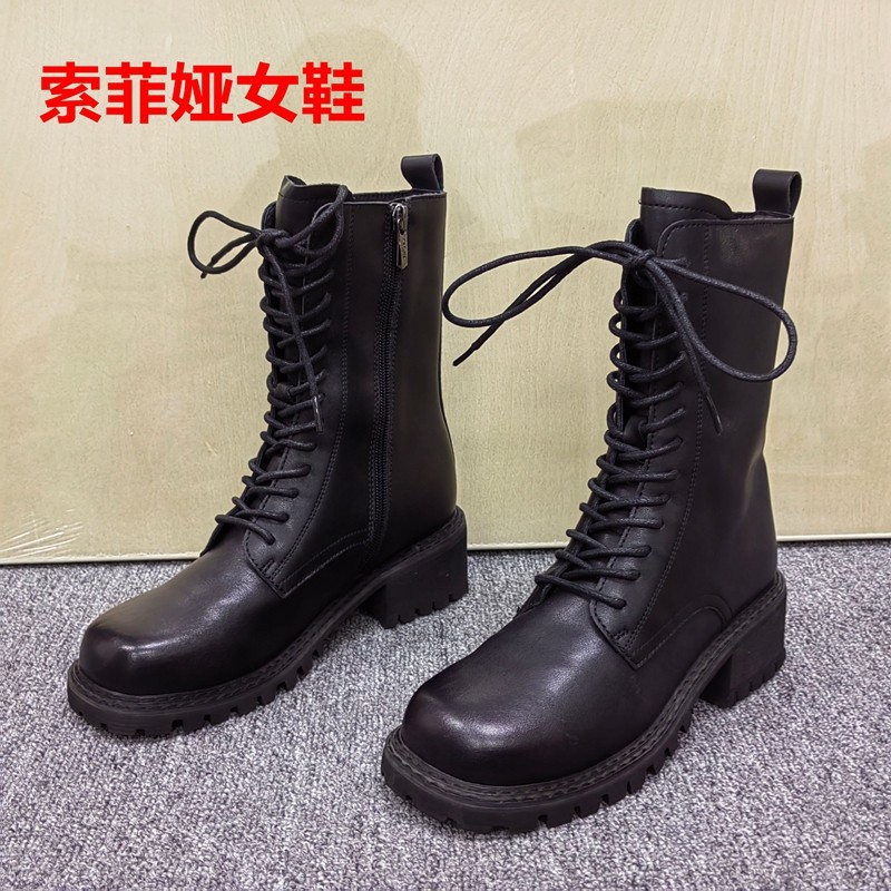 SAFIYA索菲娅35码清仓处理系带马丁靴女中筒粗跟机车靴黑色短靴潮,女鞋,烟筒靴,淘宝优惠券,粉丝福利购,淘宝优惠卷