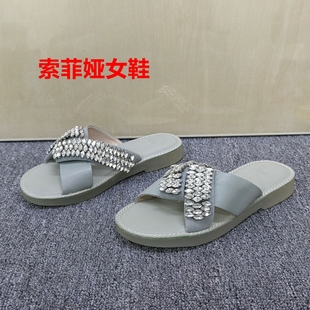 索菲娅35码瑕疵清仓处理真皮水钻一字拖女夏季平底时尚百搭凉拖鞋