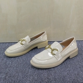 36码 饰圆头低跟一脚蹬百搭单鞋 瑕疵轻熟风真皮乐福鞋 女金属链条装