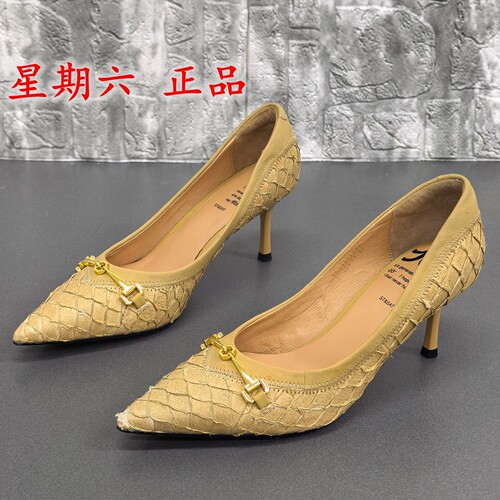 35码品牌瑕疵断码处理春季真皮尖头浅口高跟细跟金属扣通勤女单鞋