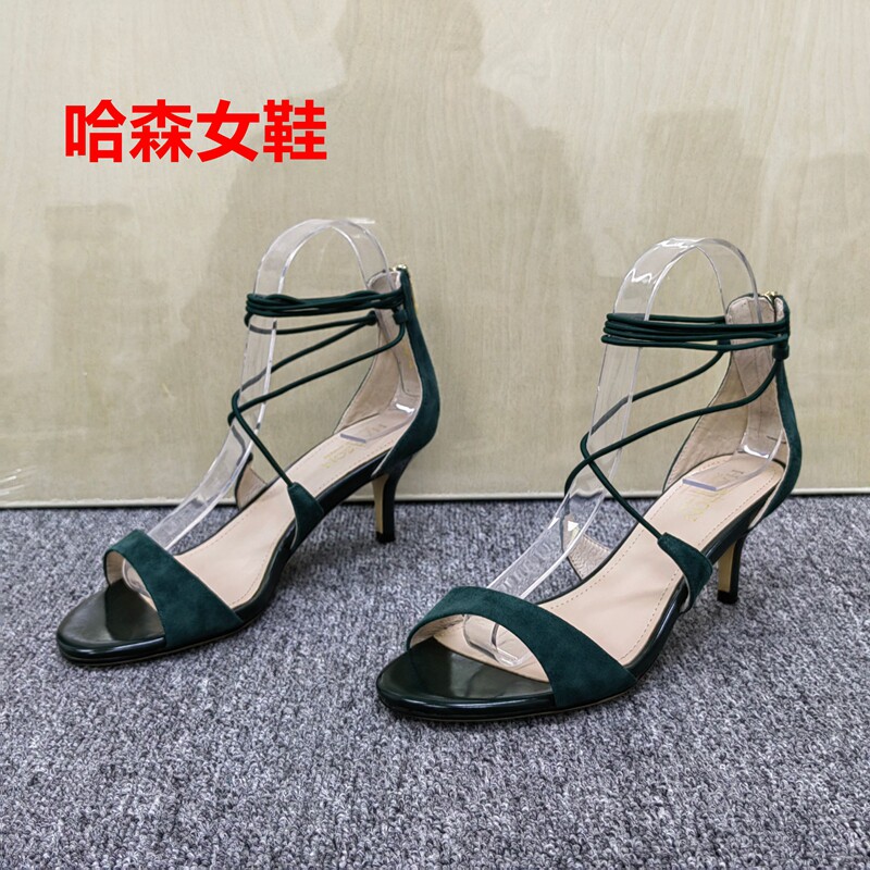 正品撤柜清仓处理性感风绑带高跟凉鞋女露趾细跟时装鞋气质绿色潮