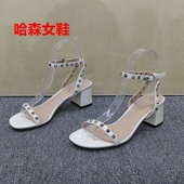 饰露趾中空百搭女鞋 36码 潮 女夏季 粗跟铆钉装 法式 风透明一字带凉鞋