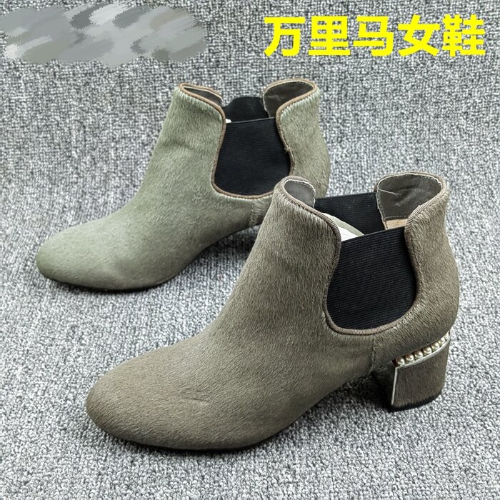 万里马34码瑕疵撤柜断码处理冬季新款圆头粗跟套筒百搭时尚马丁靴