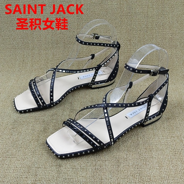 SAINT JACK圣积撤柜清仓处理夏季新款露趾低跟平底扣带真皮女凉鞋