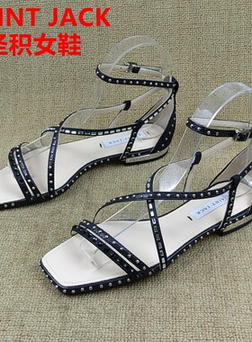SAINT JACK圣积撤柜处理夏季新款露趾低跟平底扣带真皮女凉鞋