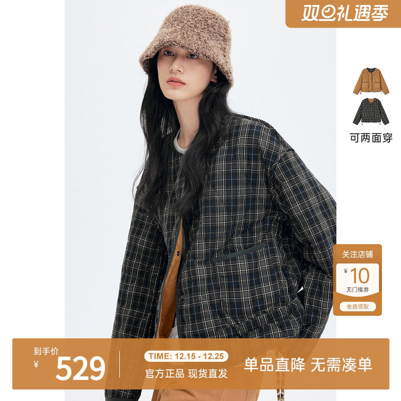 飞鸟和新酒两面穿格子小个子棉衣女2025冬季新款保暖菱格棉上衣