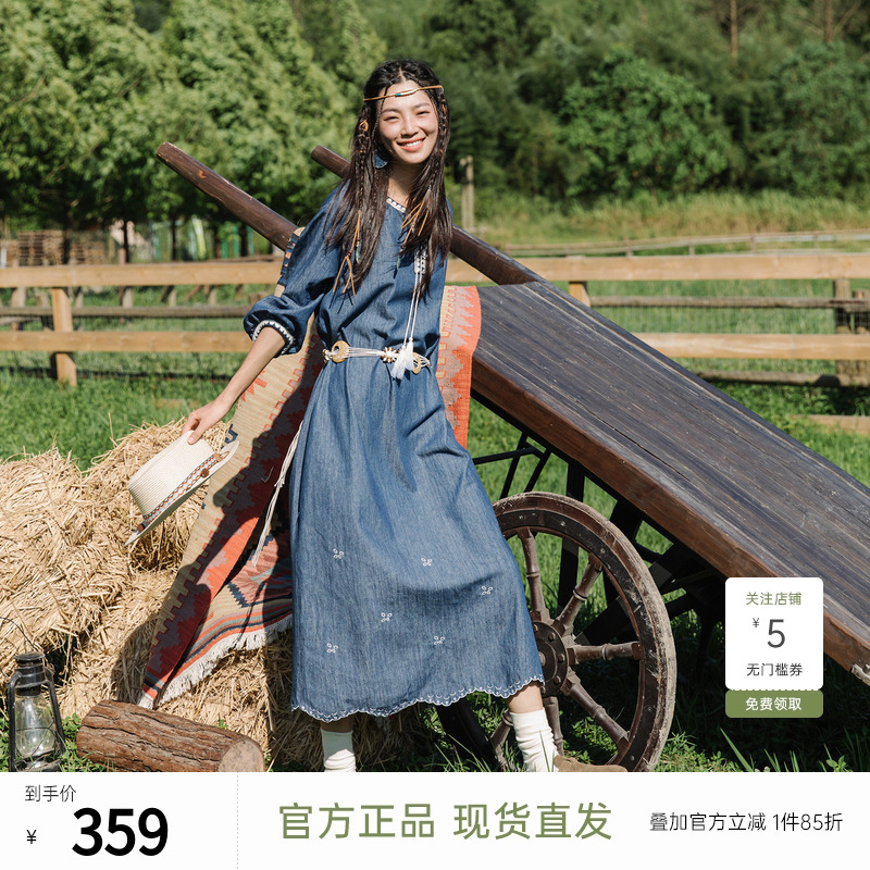 飞鸟和新酒绣花宽松系带牛仔连衣裙爆款新款设计感小个子裙