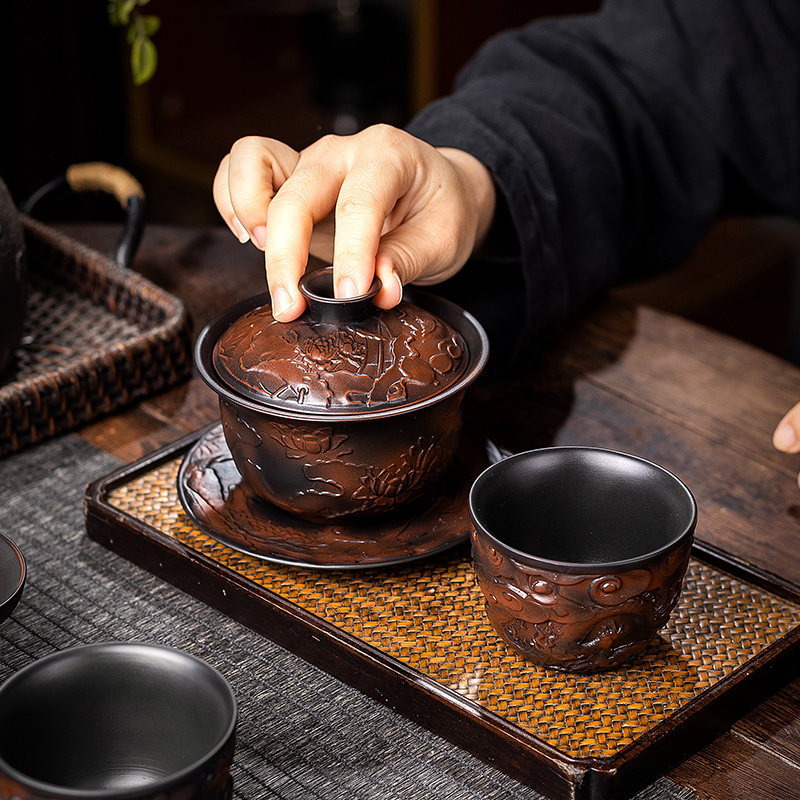 紫陶盖碗单个高档茶具茶碗云南建水紫陶瓷泡茶家用手工三才盖碗