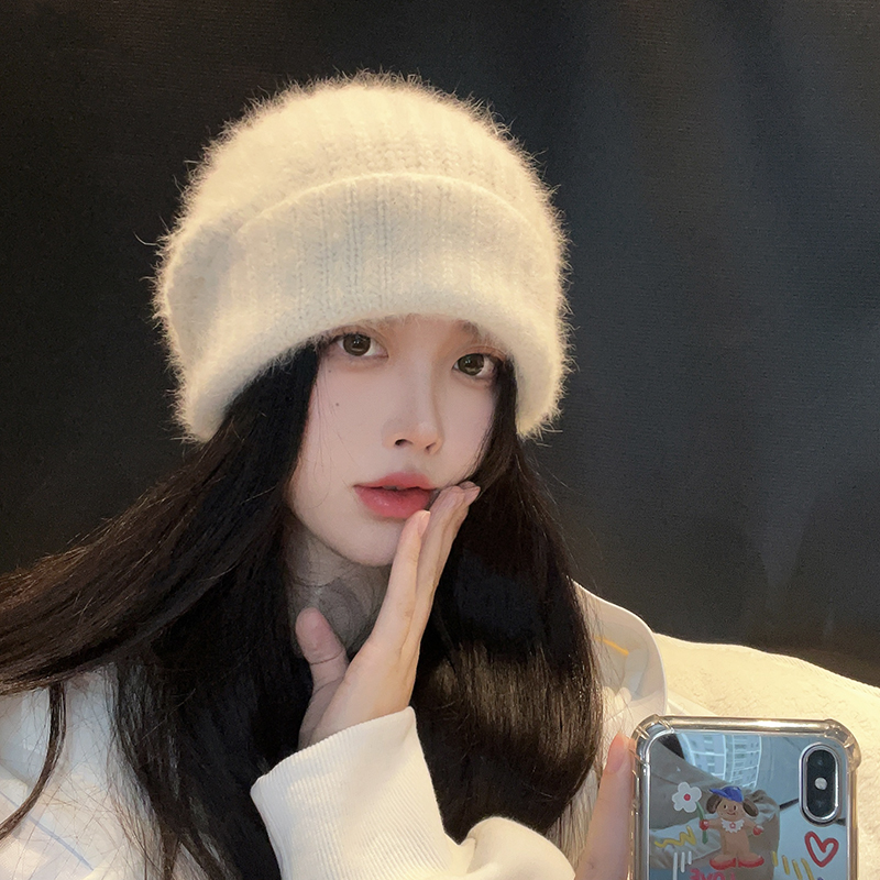 秋冬季显脸小白色毛线帽女保暖毛绒堆堆冷帽大头围针织帽子1027n
