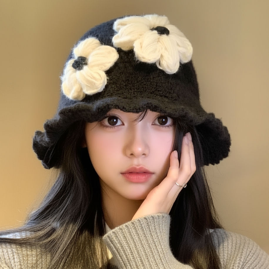 秋冬季黑色针织渔夫帽子女款2025新款保暖大头围花朵水桶帽1027n
