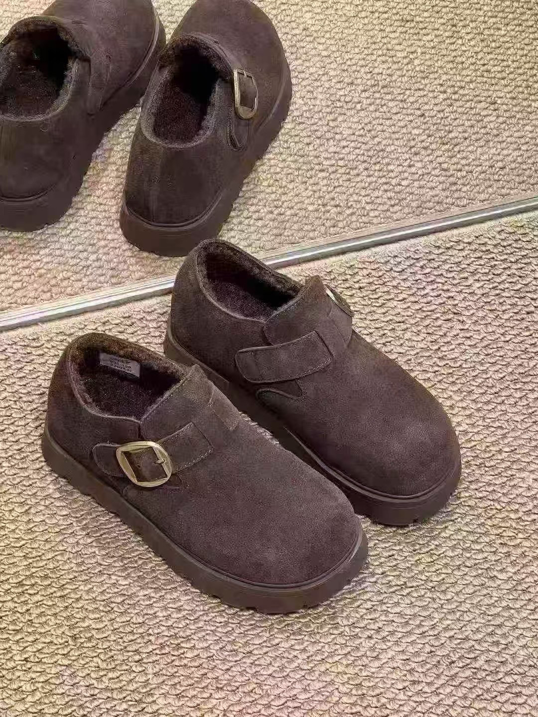 欧洲站2025冬款真皮反绒圆头厚底女棉鞋加绒保暖休闲勃肯鞋