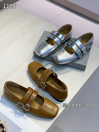 欧货烟雨诗情女鞋平底鞋2026春款英伦风羊皮真方头浅口女单鞋5556