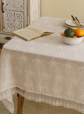 法式复古白色蕾丝绣花刺绣桌布vintage盖布圆桌台布下午茶餐布