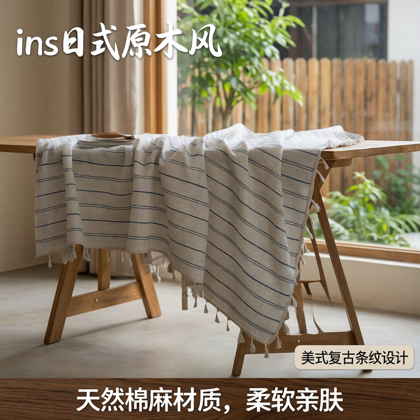 ins日式原木风条纹美式复古餐桌布长方形台布背景布茶几书桌盖布