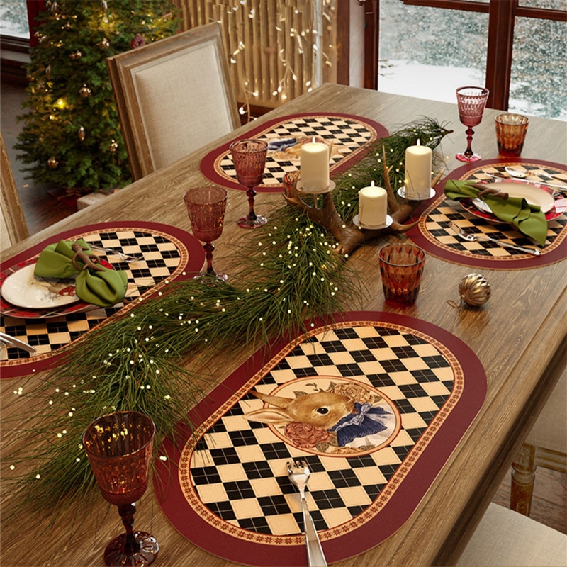 暖色调兔子PU皮创意复古格子餐垫