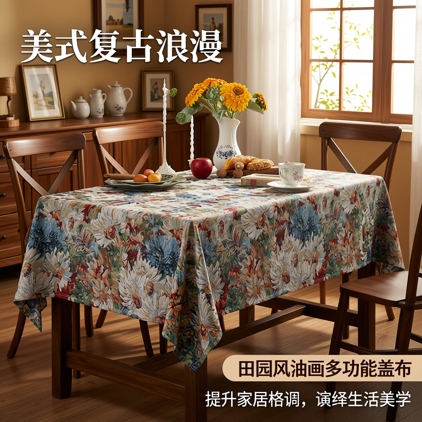 美式复古浪漫餐桌布艺茶几布长方形提花桌布田园风油画多功能盖布