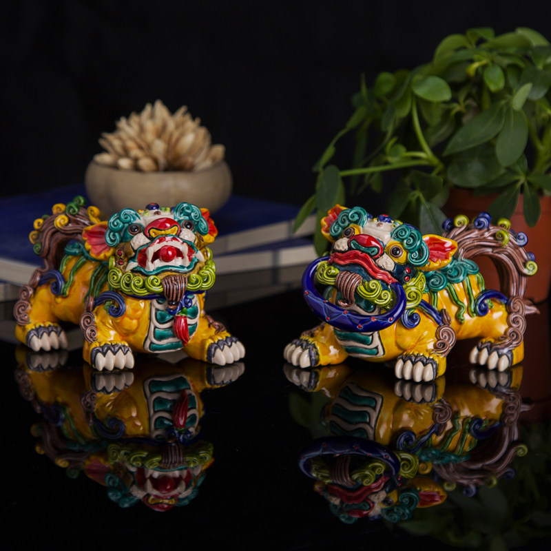 精品新中式陶瓷艺术品风水摆件交趾陶彩陶招财对狮貔貅家居装饰