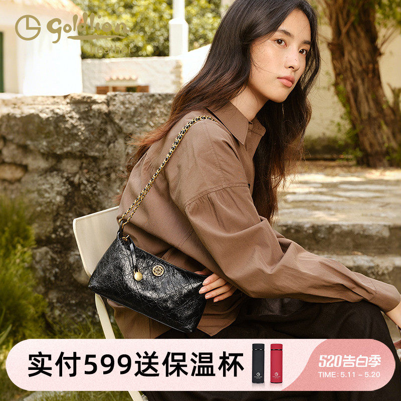 金利来轻奢单肩包女新款链条时尚小众油蜡真皮斜挎包百搭腋下包潮