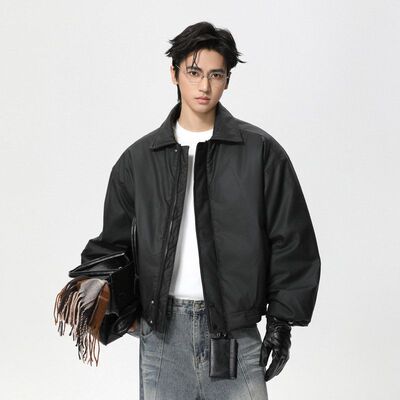 MTLCLOTHES男装|韩版简约ins翻领拉链开衫百搭宽松短款棉服外套潮