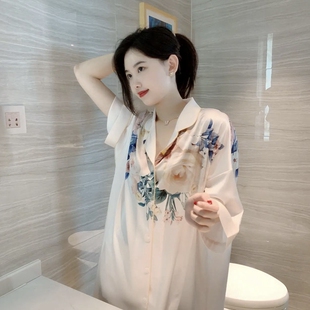 维多别新款睡裙女夏季冰丝短袖性感衬衫睡衣中长款大码真丝家居服