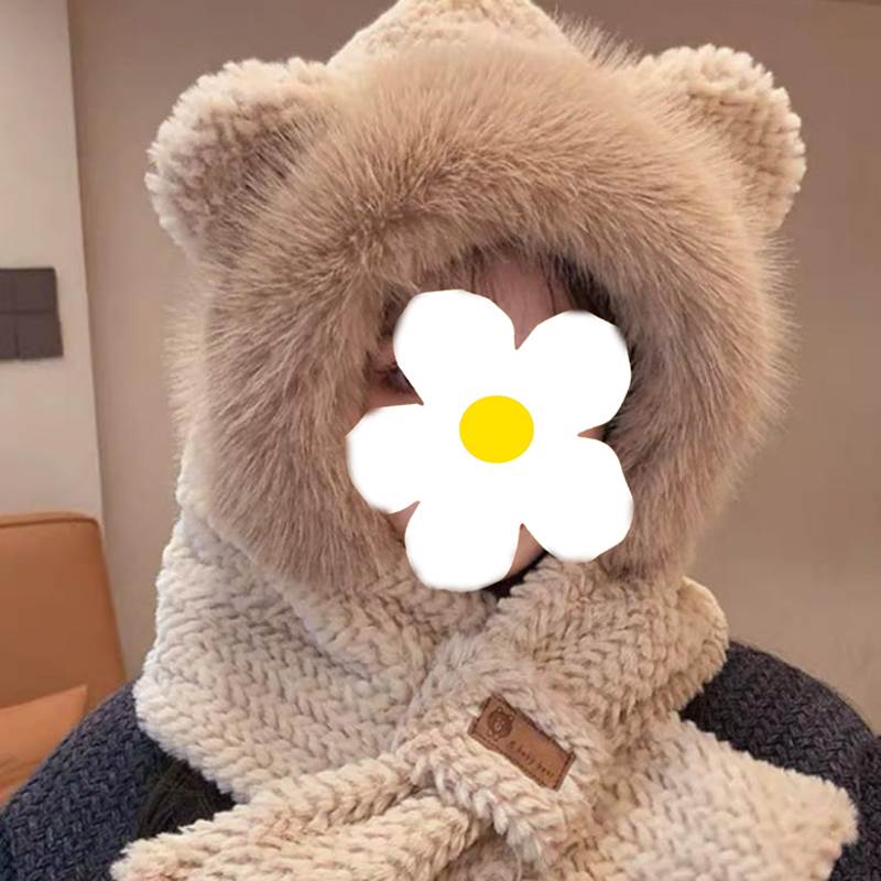 小熊帽子围巾一体女秋冬骑车加绒保暖护耳毛绒防寒帽韩版甜美可爱