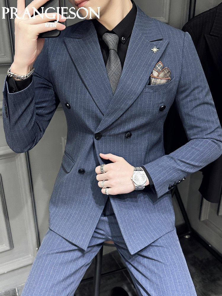 STRIPED DOUBLE-BREASTED SUITS MENS SUITS BUSINESS CASUAL FORMAL WEAR BRITISH STYLE FASHION HIGH-END WEDDING GROOM SUITS