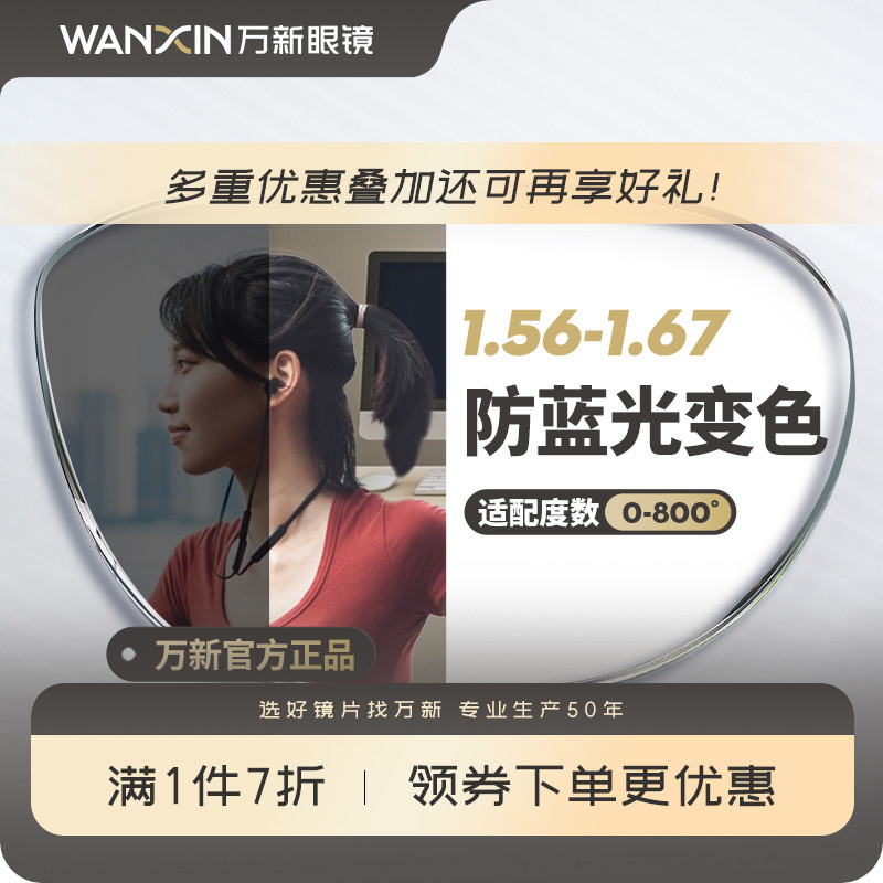 万新防蓝光变色镜片自动感光变灰非球面1.67超薄近视眼镜官方旗舰