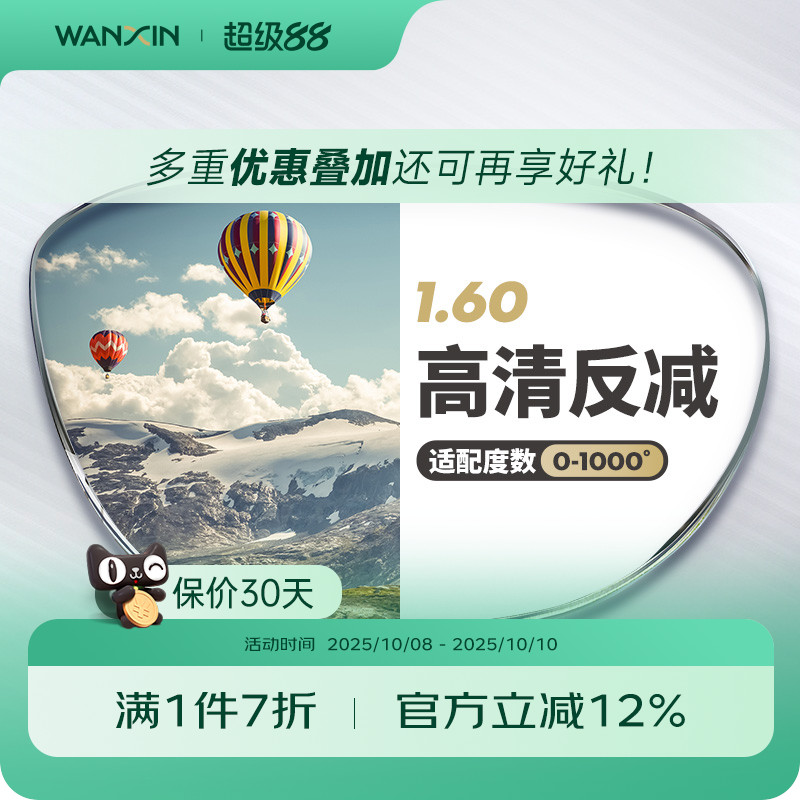 万新1.60超薄非球面镜片 防紫外线绿膜眼镜片树脂近视镜片2片
