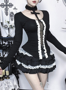 CF25316秋季新款挂脖十字架两件套上衣 暗黑风时尚百搭显瘦衬衫